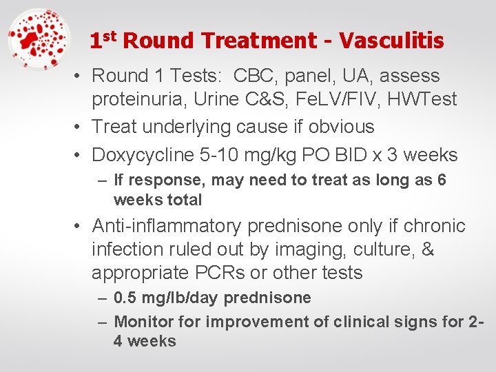 1 st Round Treatment - Vasculitis • Round 1 Tests: CBC, panel, UA, assess