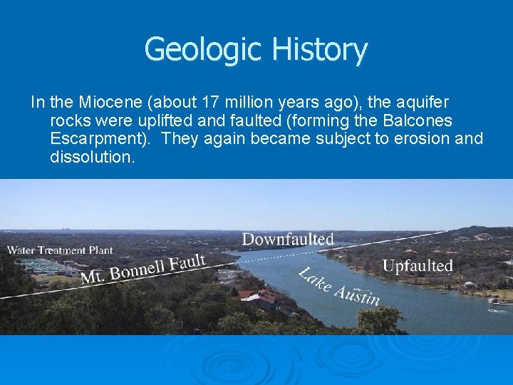 Geologic History In the Miocene (about 17 million years ago), the aquifer rocks were