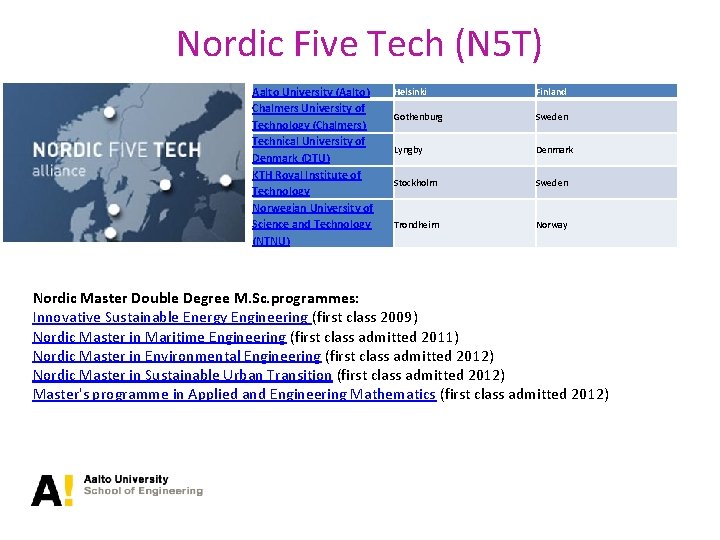 Nordic Five Tech (N 5 T) Aalto University (Aalto) Chalmers University of Technology (Chalmers)