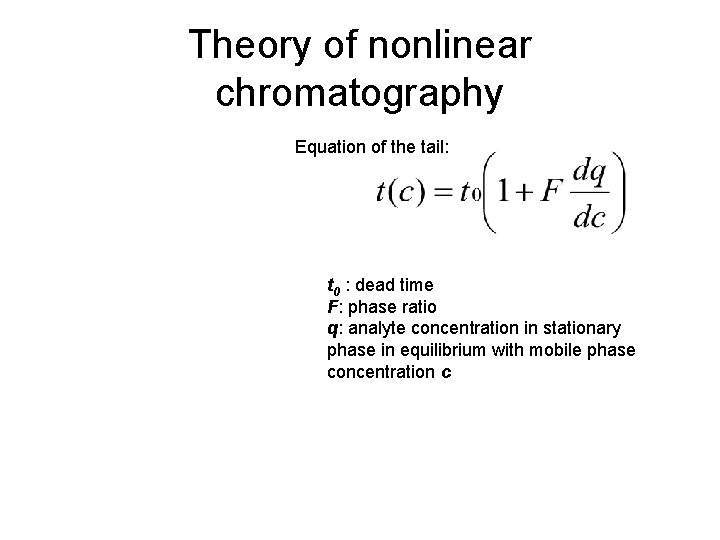 Theory of nonlinear chromatography Equation of the tail: t 0 : dead time F: