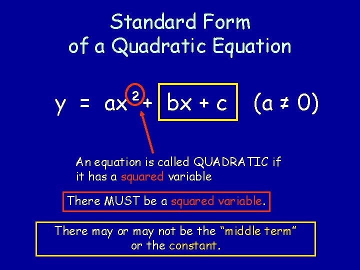 Standard Form of a Quadratic Equation y = ax²+ bx + c (a ≠