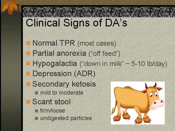 Clinical Signs of DA’s n Normal TPR (most cases) n Partial anorexia (“off feed”)