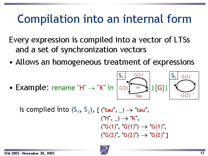 Compilation into an internal form Every expression is compiled into a vector of LTSs