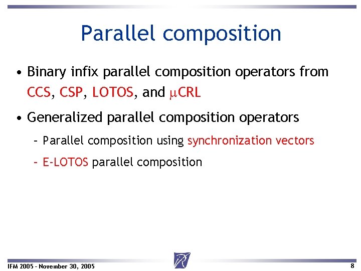 Parallel composition • Binary infix parallel composition operators from CCS, CSP, LOTOS, and CRL