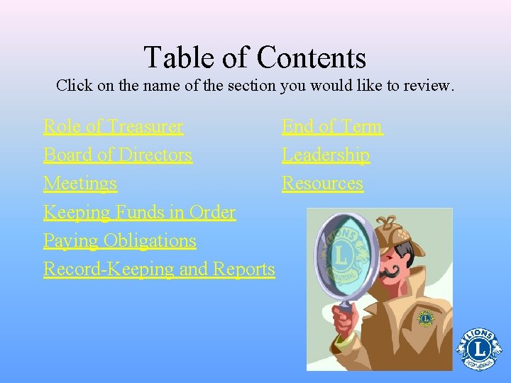 Table of Contents Click on the name of the section you would like to