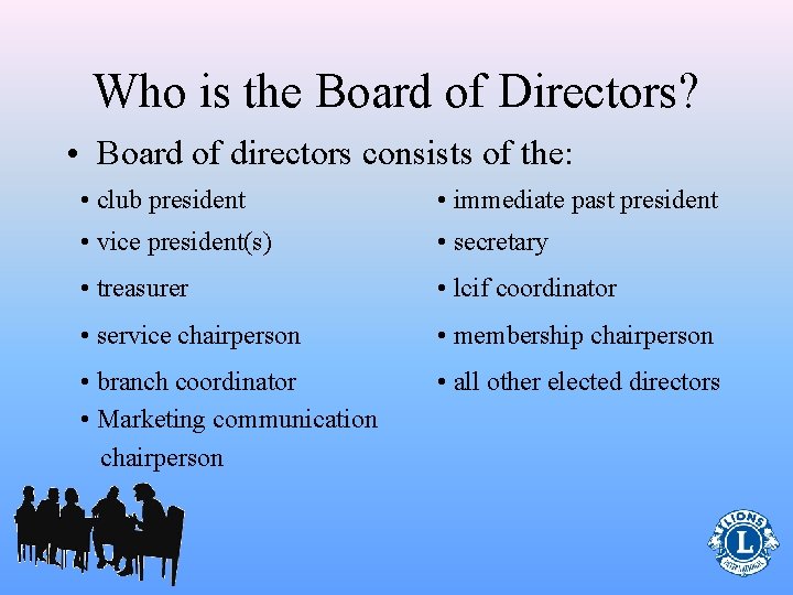 Who is the Board of Directors? • Board of directors consists of the: •