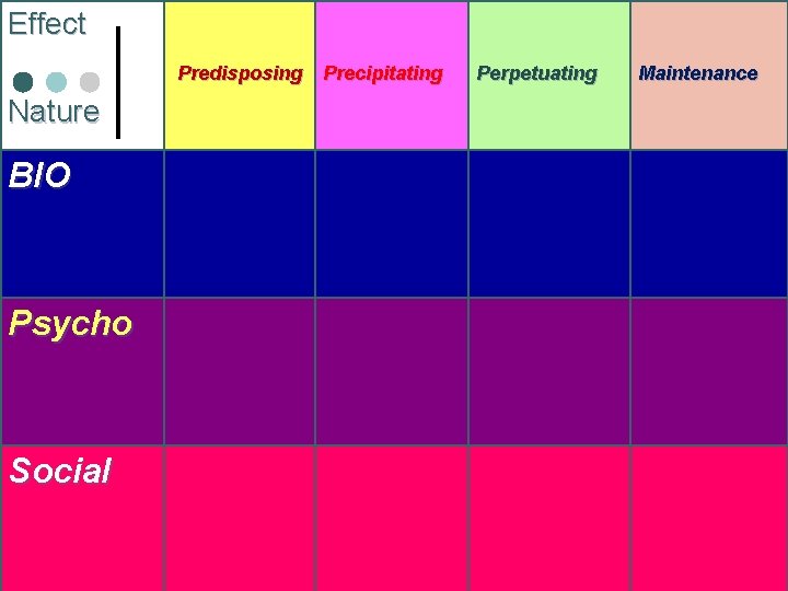 Effect Predisposing Nature BIO Psycho Social Precipitating Perpetuating Maintenance 