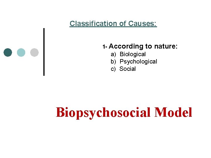 Classification of Causes: 1 - According to nature: a) Biological b) Psychological c) Social