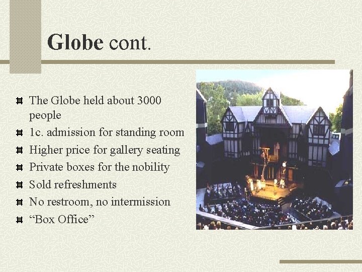 Globe cont. The Globe held about 3000 people 1 c. admission for standing room