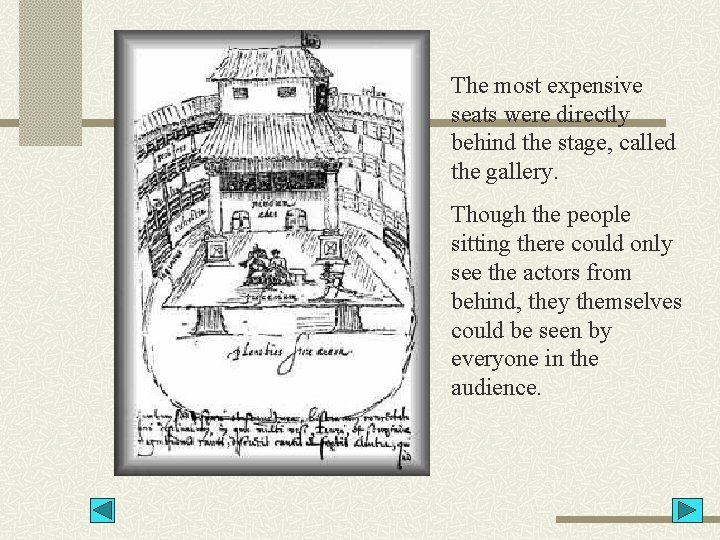 The most expensive seats were directly behind the stage, called the gallery. Though the