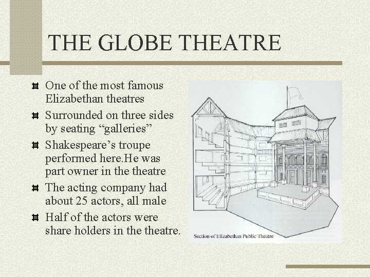 THE GLOBE THEATRE One of the most famous Elizabethan theatres Surrounded on three sides