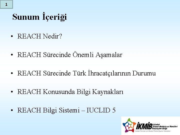 1 Sunum İçeriği • REACH Nedir? • REACH Sürecinde Önemli Aşamalar • REACH Sürecinde
