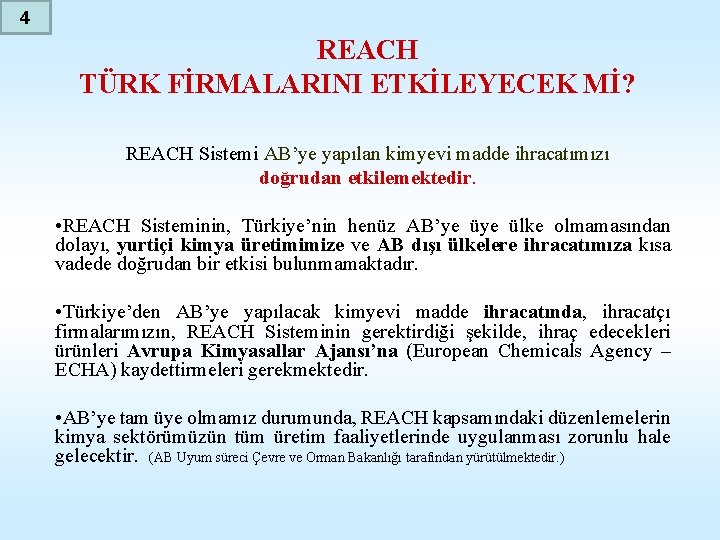 4 REACH TÜRK FİRMALARINI ETKİLEYECEK Mİ? REACH Sistemi AB’ye yapılan kimyevi madde ihracatımızı doğrudan