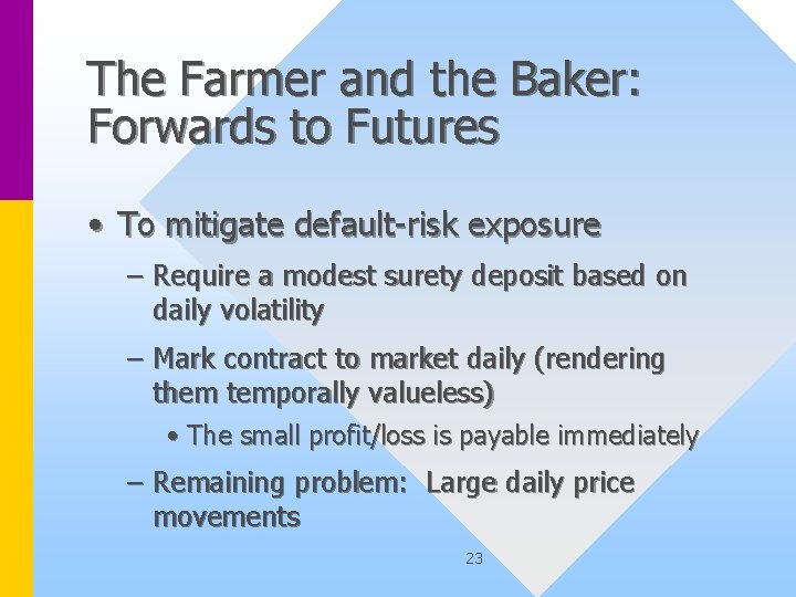 The Farmer and the Baker: Forwards to Futures • To mitigate default-risk exposure –
