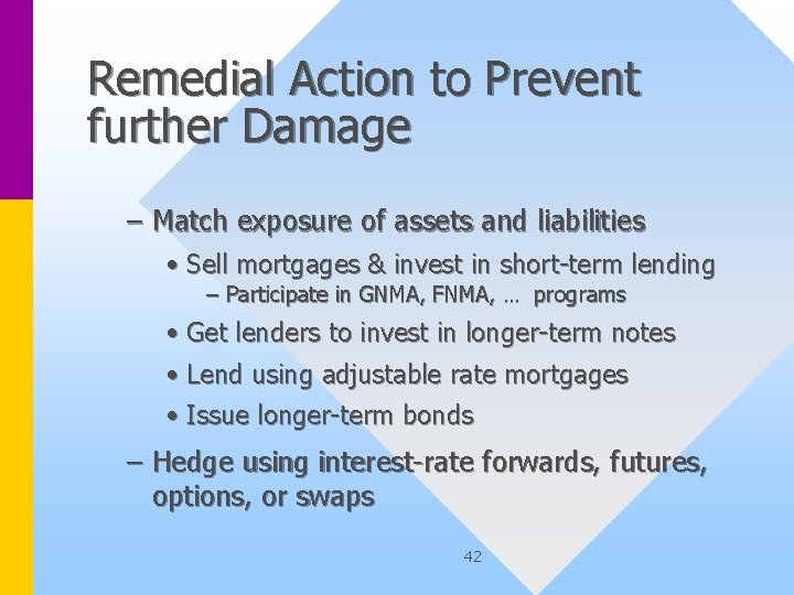Remedial Action to Prevent further Damage – Match exposure of assets and liabilities •