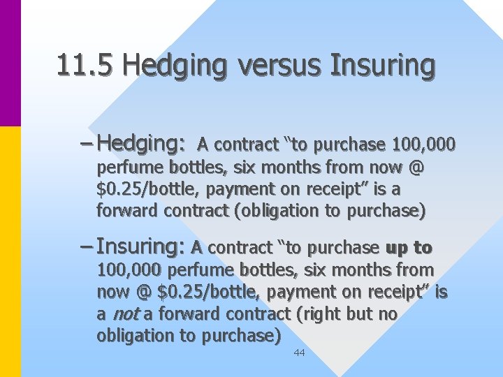 11. 5 Hedging versus Insuring – Hedging: A contract “to purchase 100, 000 perfume
