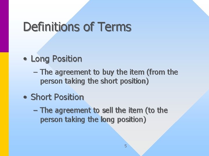 Definitions of Terms • Long Position – The agreement to buy the item (from