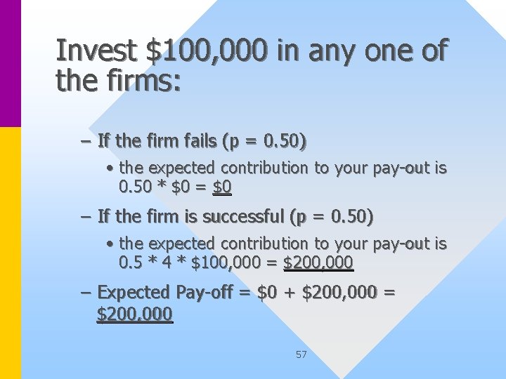 Invest $100, 000 in any one of the firms: – If the firm fails