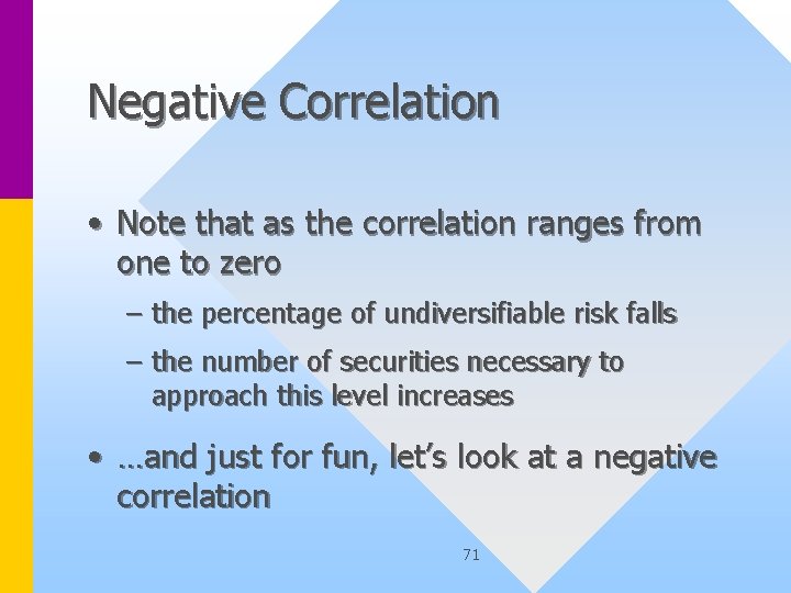 Negative Correlation • Note that as the correlation ranges from one to zero –