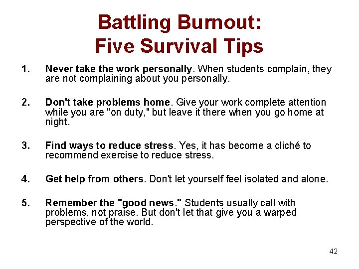 Battling Burnout: Five Survival Tips 1. Never take the work personally. When students complain,