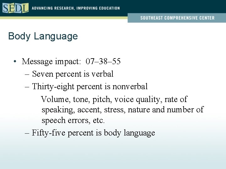 Body Language • Message impact: 07– 38– 55 – Seven percent is verbal –