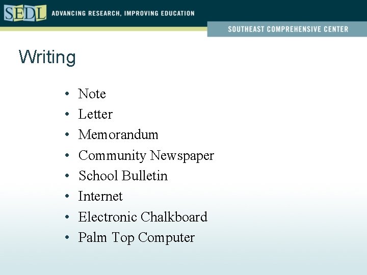 Writing • • Note Letter Memorandum Community Newspaper School Bulletin Internet Electronic Chalkboard Palm