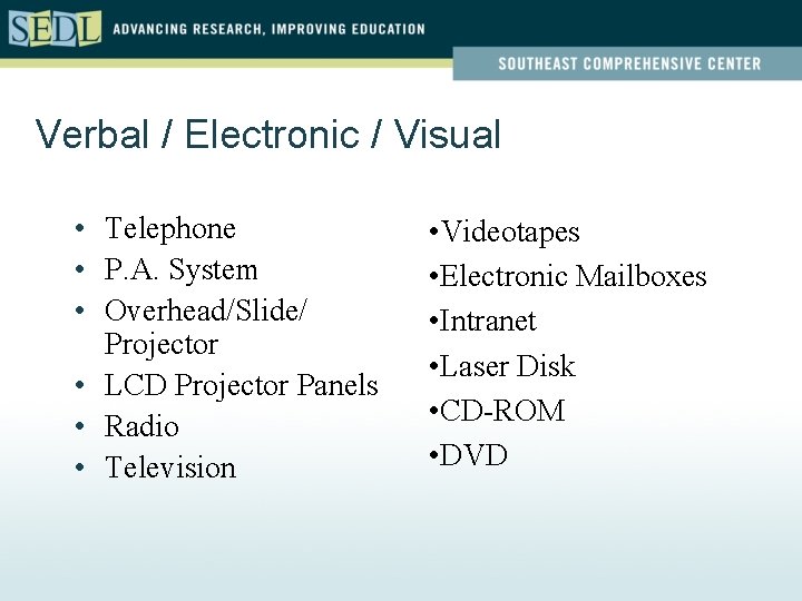 Verbal / Electronic / Visual • Telephone • P. A. System • Overhead/Slide/ Projector