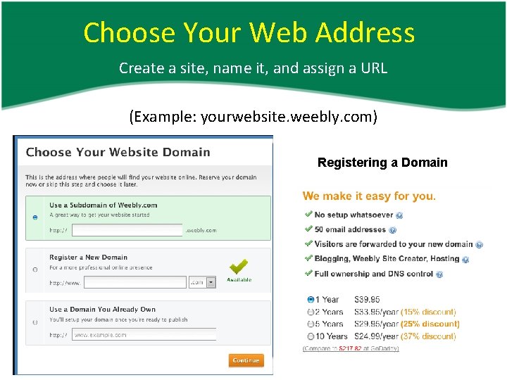 Choose Your Web Address Create a site, name it, and assign a URL (Example: