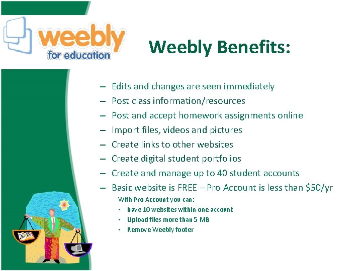 Weebly Benefits: – – – – Edits and changes are seen immediately Post class