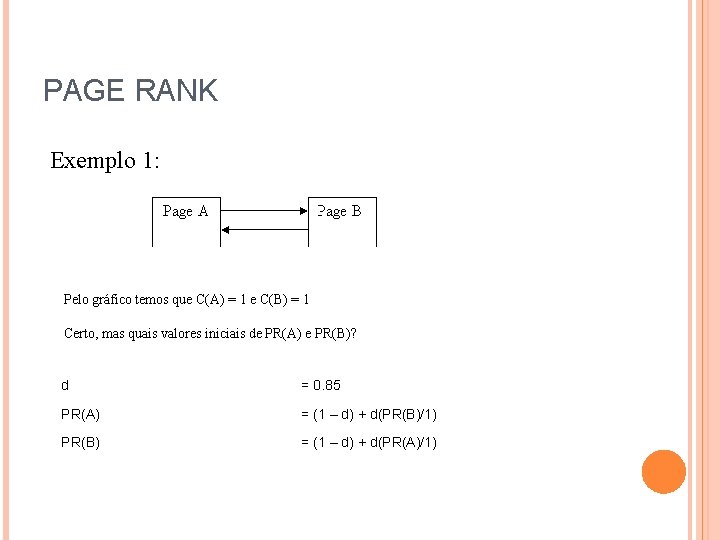 PAGE RANK Exemplo 1: Pelo gráfico temos que C(A) = 1 e C(B) =