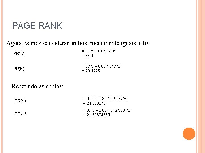 PAGE RANK Agora, vamos considerar ambos inicialmente iguais a 40: PR(A) = 0. 15