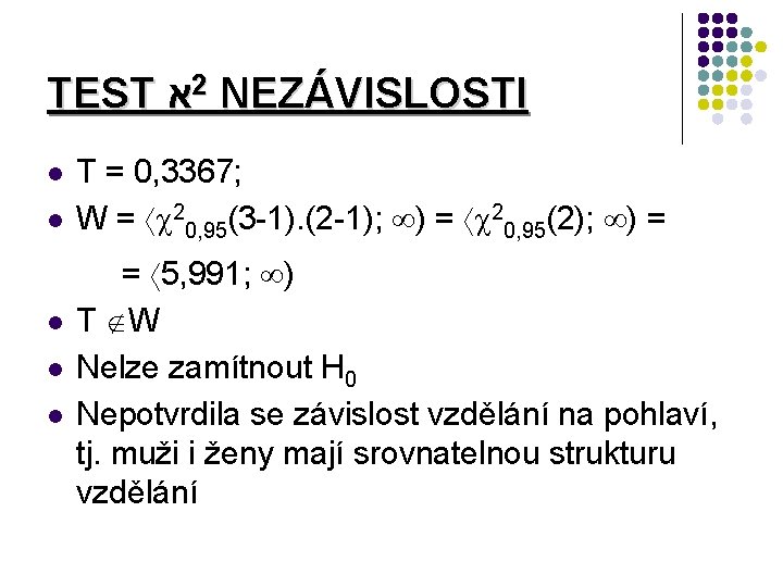 TEST א 2 NEZÁVISLOSTI l l l T = 0, 3367; W = 20,