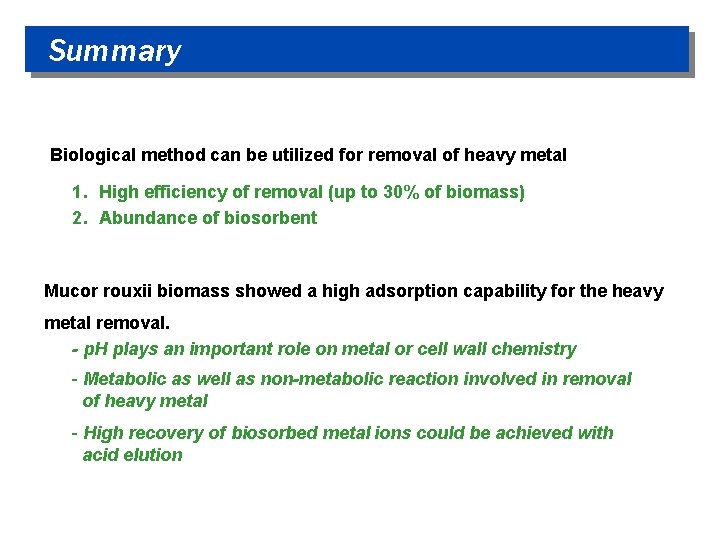 Summary Biological method can be utilized for removal of heavy metal 1. High efficiency