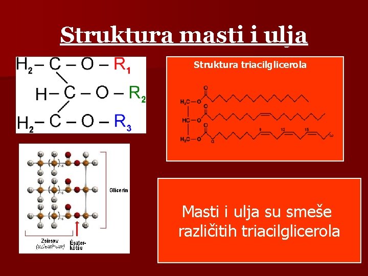 Struktura masti i ulja Struktura triacilglicerola Masti i ulja su smeše različitih triacilglicerola 