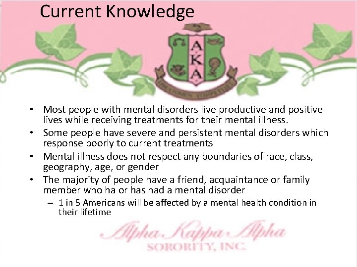 Current Knowledge • Most people with mental disorders live productive and positive lives while