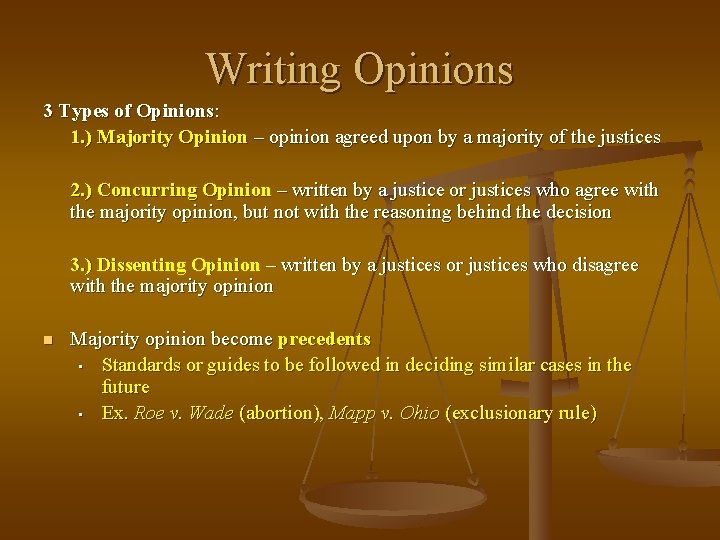 Writing Opinions 3 Types of Opinions: 1. ) Majority Opinion – opinion agreed upon