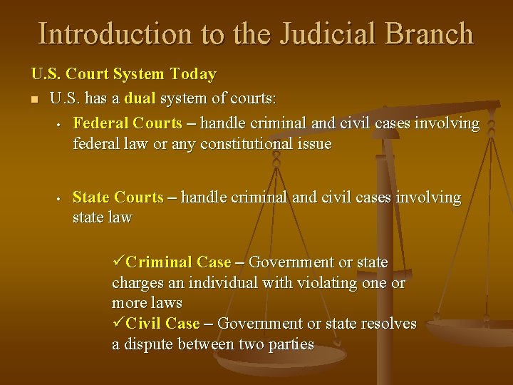 Introduction to the Judicial Branch U. S. Court System Today n U. S. has