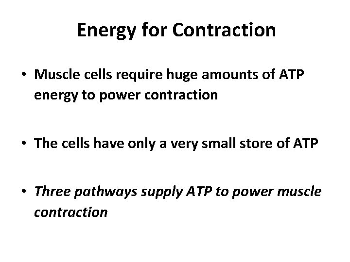 Energy for Contraction • Muscle cells require huge amounts of ATP energy to power