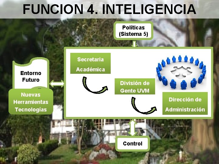 FUNCION 4. INTELIGENCIA Políticas (Sistema 5) Secretaria Entorno Futuro Nuevas Herramientas Tecnologías Académica División