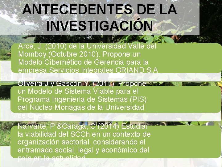 ANTECEDENTES DE LA INVESTIGACIÓN Arce, J. (2010) de la Universidad Valle del Momboy (Octubre