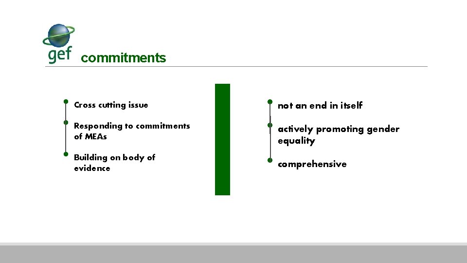 commitments • Cross cutting issue • Responding to commitments of MEAs • Building on