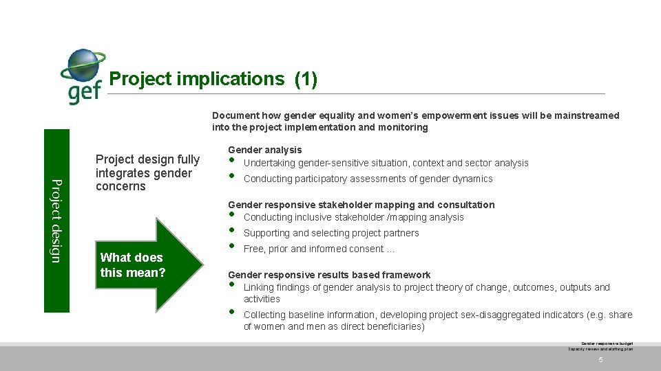 Project implications (1) Document how gender equality and women’s empowerment issues will be mainstreamed