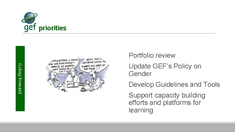 priorities Portfolio review Going forward Update GEF’s Policy on Gender Develop Guidelines and Tools