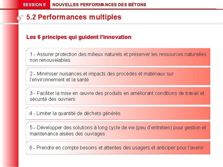 SESSION 5 NOUVELLES PERFORMANCES DES BÉTONS 5. 2 Performances multiples Les 6 principes qui