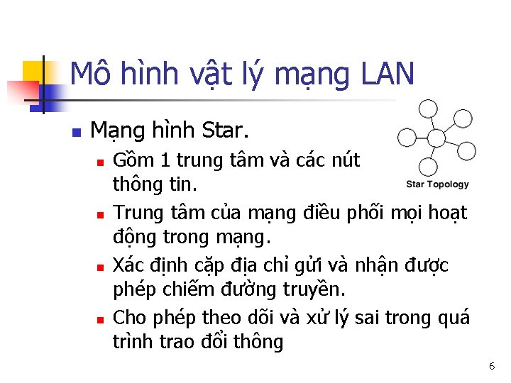 Mô hình vật lý mạng LAN n Mạng hình Star. n n Gồm 1