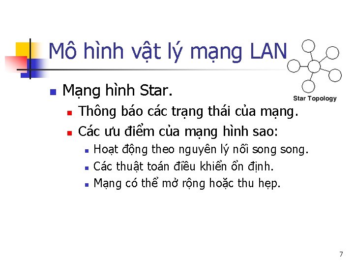 Mô hình vật lý mạng LAN n Mạng hình Star. n n Thông báo
