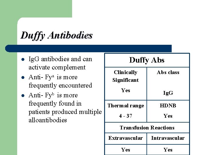 Duffy Antibodies l l l Ig. G antibodies and can Duffy Abs activate complement