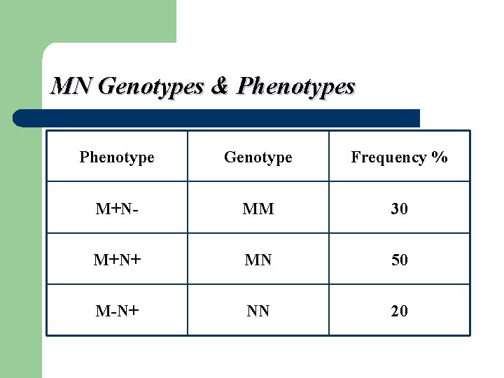 MN Genotypes & Phenotypes Phenotype Genotype Frequency % M+N- MM 30 M+N+ MN 50
