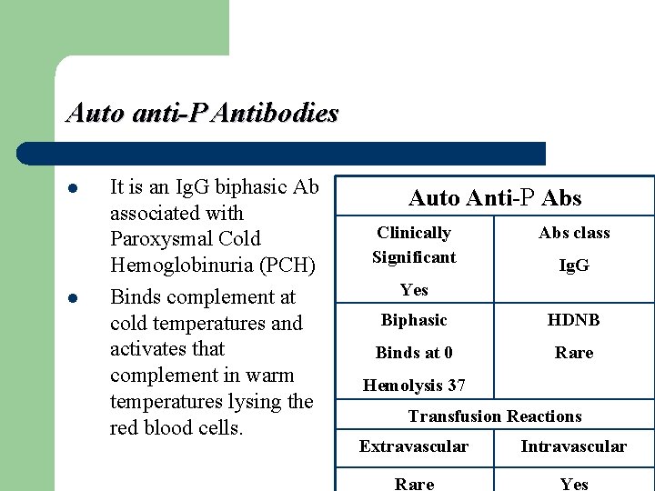 Auto anti-P Antibodies l l It is an Ig. G biphasic Ab associated with