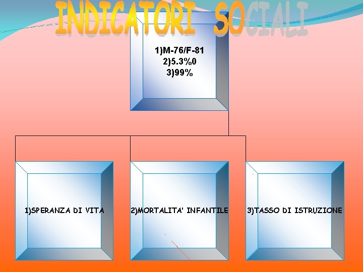1)M-76/F-81 2)5. 3%0 3)99% 1)SPERANZA DI VITA 2)MORTALITA’ INFANTILE 3)TASSO DI ISTRUZIONE 
